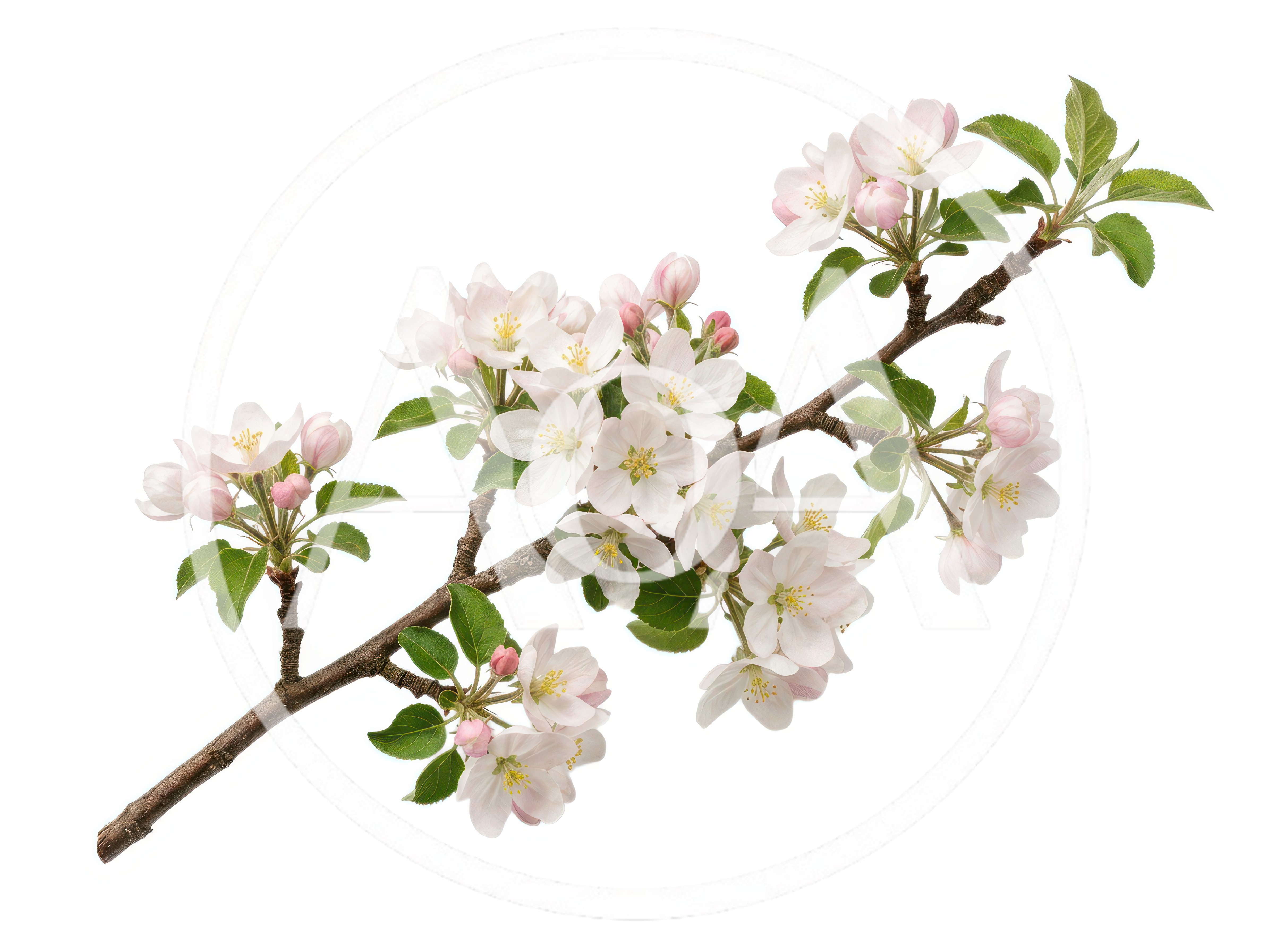 Apple Tree Branch With Blossoms And Green Leaves