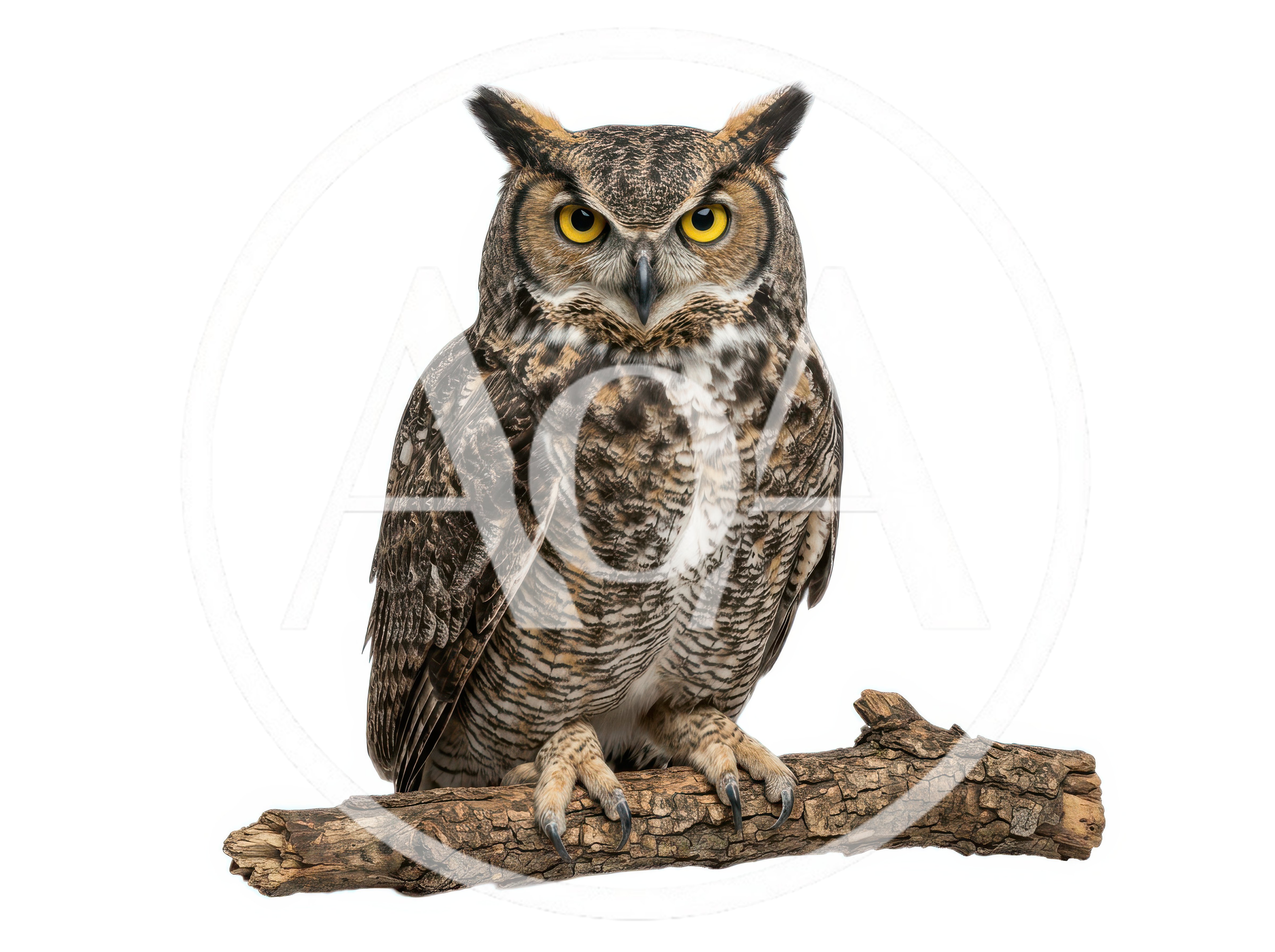 Great Horned Owl Perched On A Wooden Branch