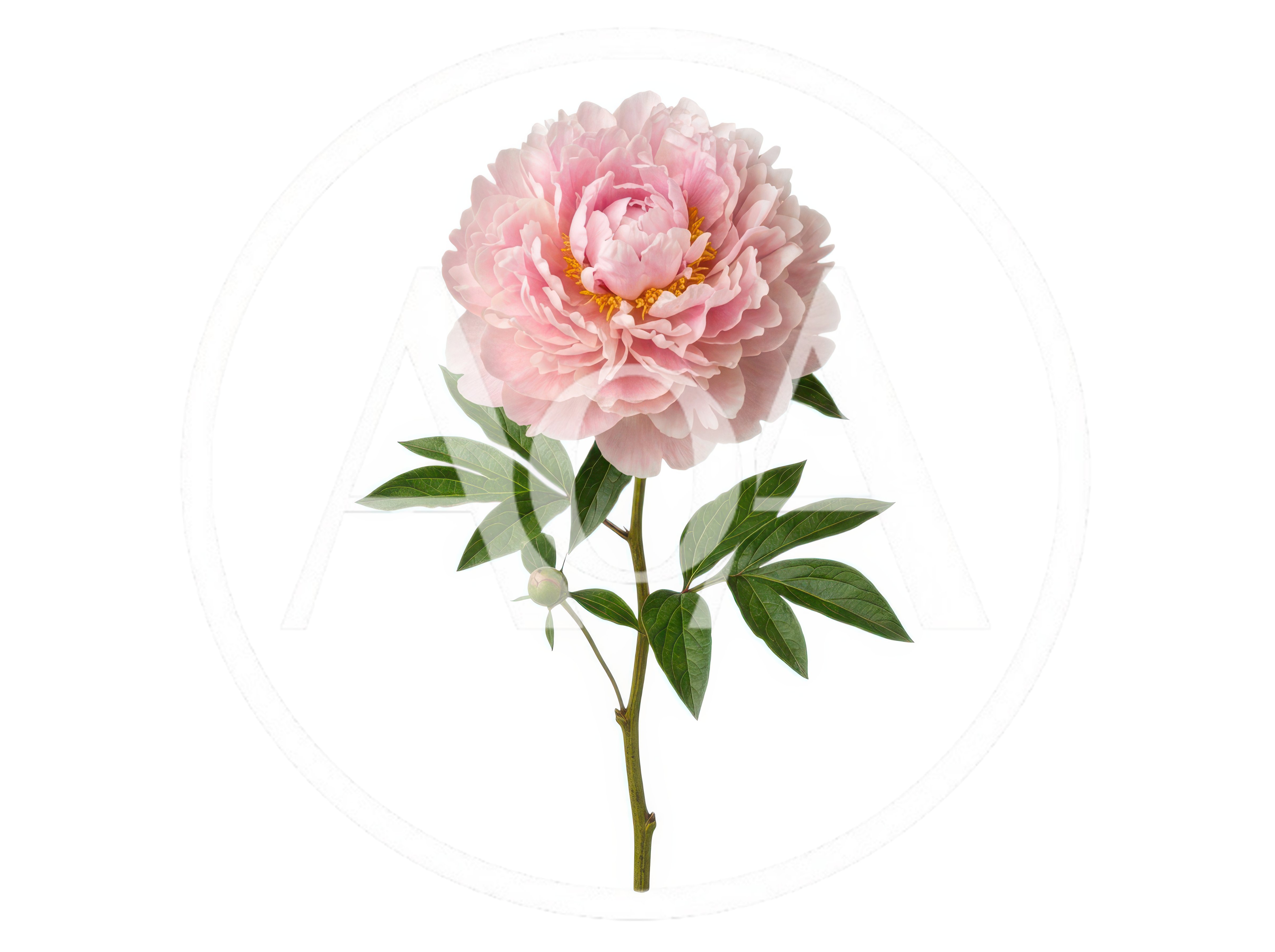 Single Pink Peony Flower With Leaves And Bud