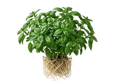 Fresh Green Basil Plant With Exposed Roots
