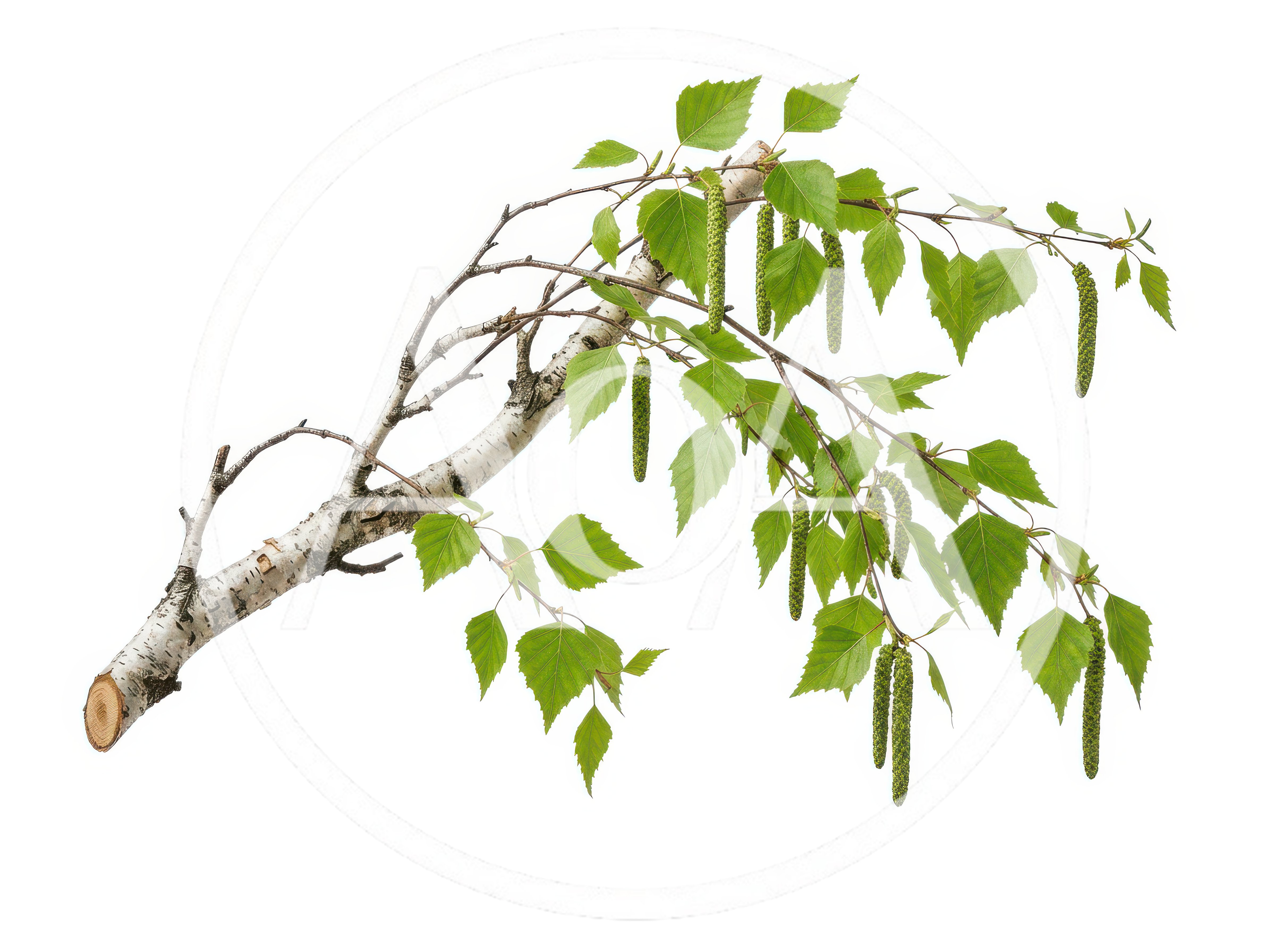 Birch Tree Branch With Green Leaves And Catkins