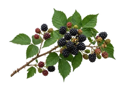Fresh Ripe Blackberries On A Thorny Branch