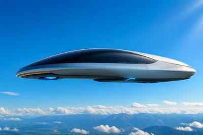 a futuristic hovercar flying in the sky on an alien planet