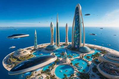 Alien world, sea resort, hotels, futuristic hovercars flying