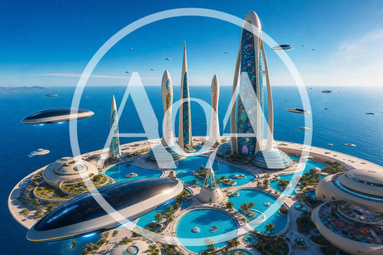 Alien world, sea resort, hotels, futuristic hovercars flying