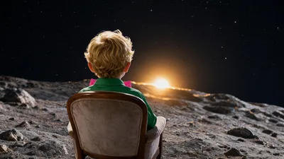 The Little Prince watching sunset on his asteroid