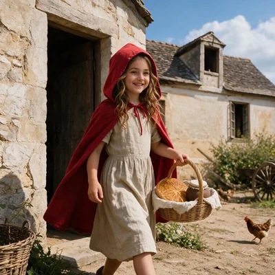 Little Red Riding Hood Walking Outside A Rustic Cottage