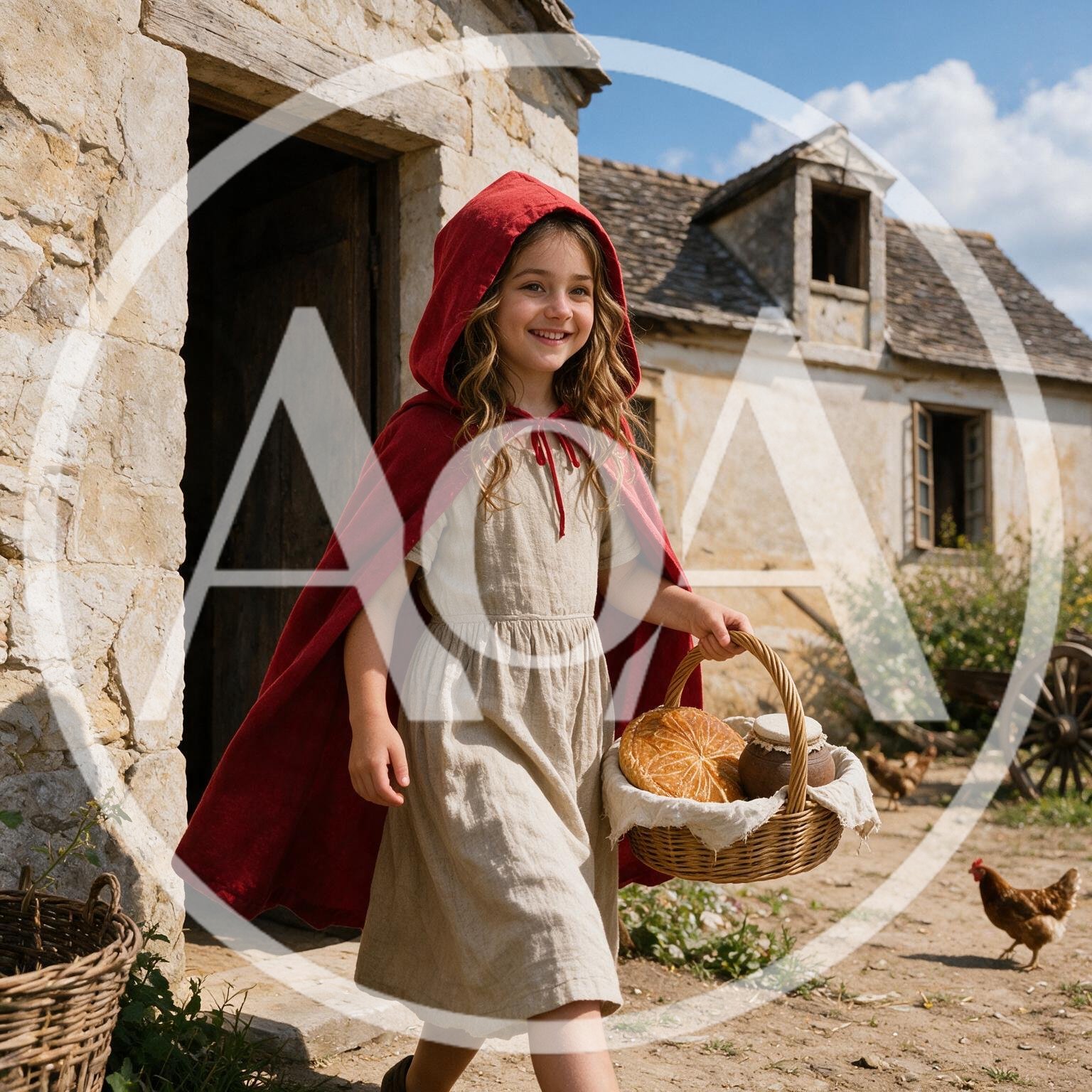Little Red Riding Hood Walking Outside A Rustic Cottage