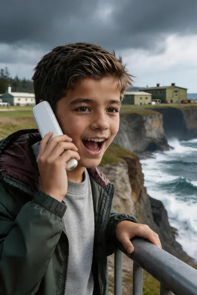 a happy excited boy talking by cell phone with his best friend located very very far from him