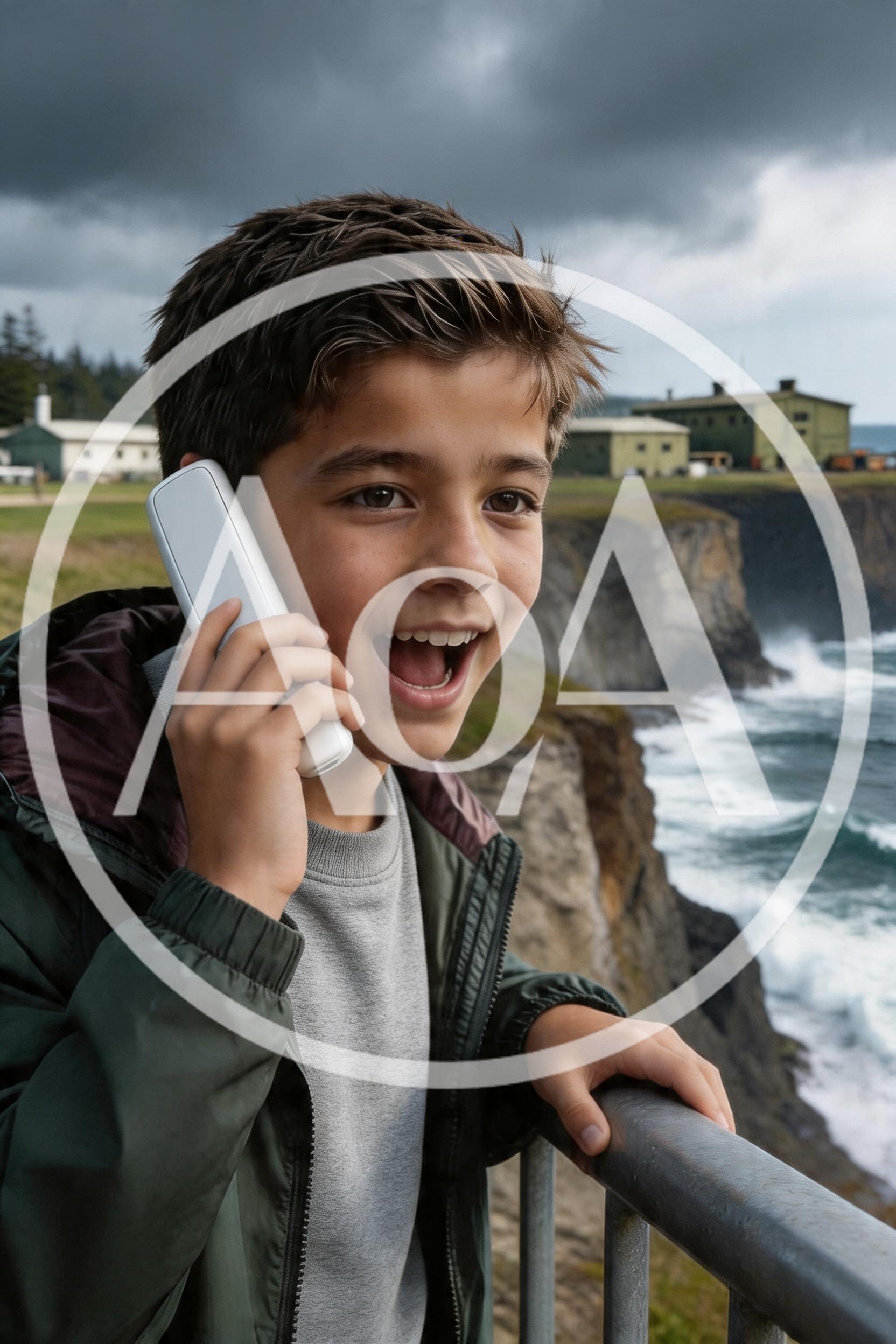 a happy excited boy talking by cell phone with his best friend located very very far from him