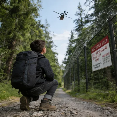boy with backpack hiding from flying helicopter near a secret military base