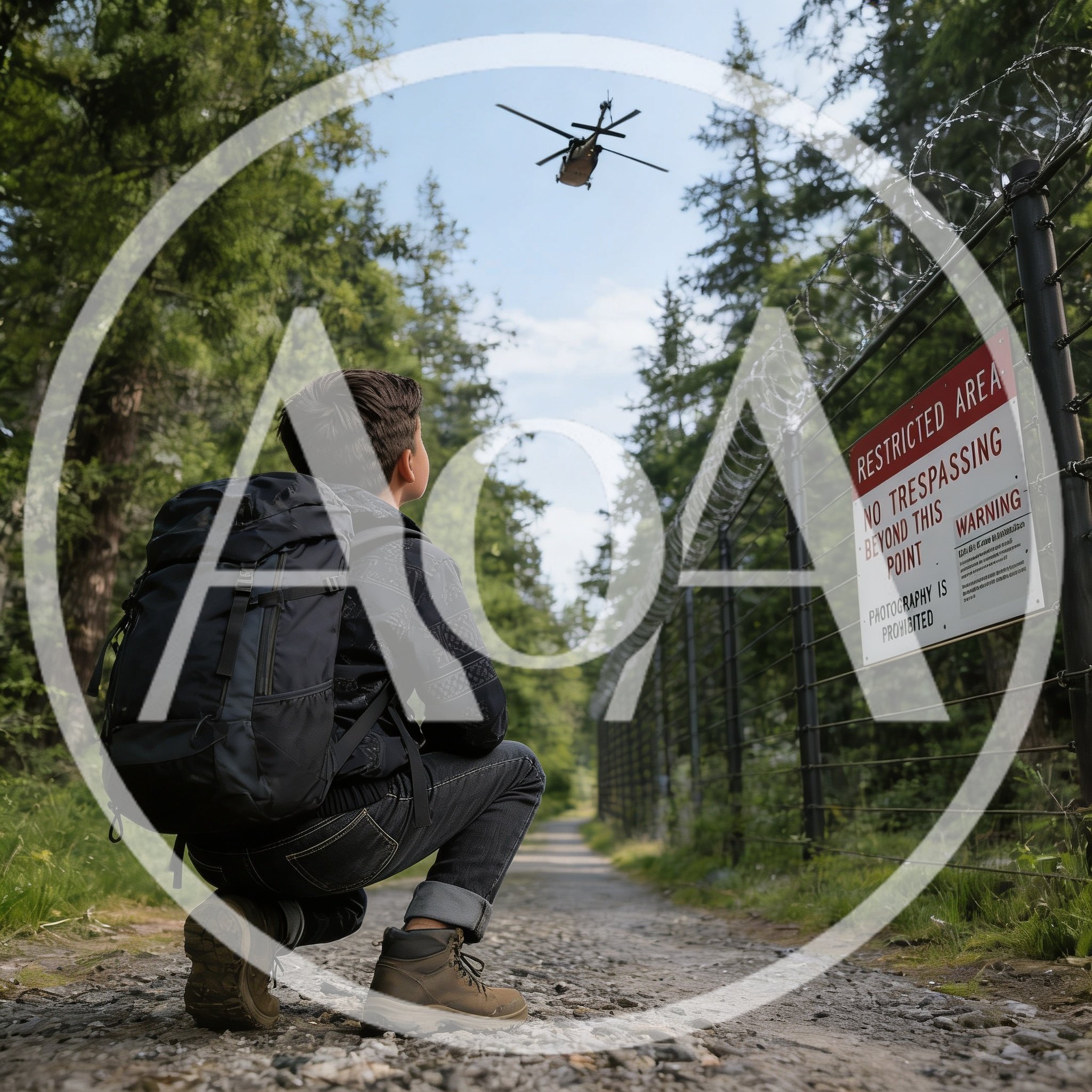 boy with backpack hiding from flying helicopter near a secret military base