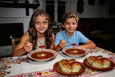 girl and boy, two friends eating borscht with garlic pampushki bread in Ukrainian village