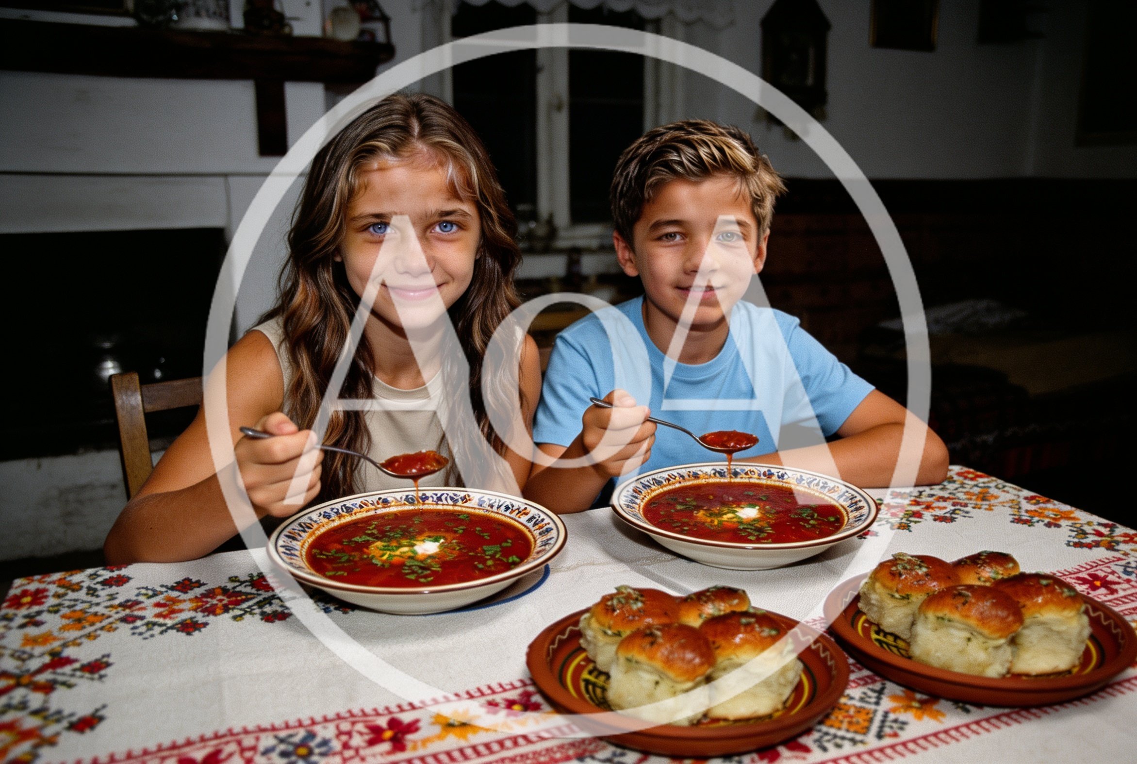 girl and boy, two friends eating borscht with garlic pampushki bread in Ukrainian village