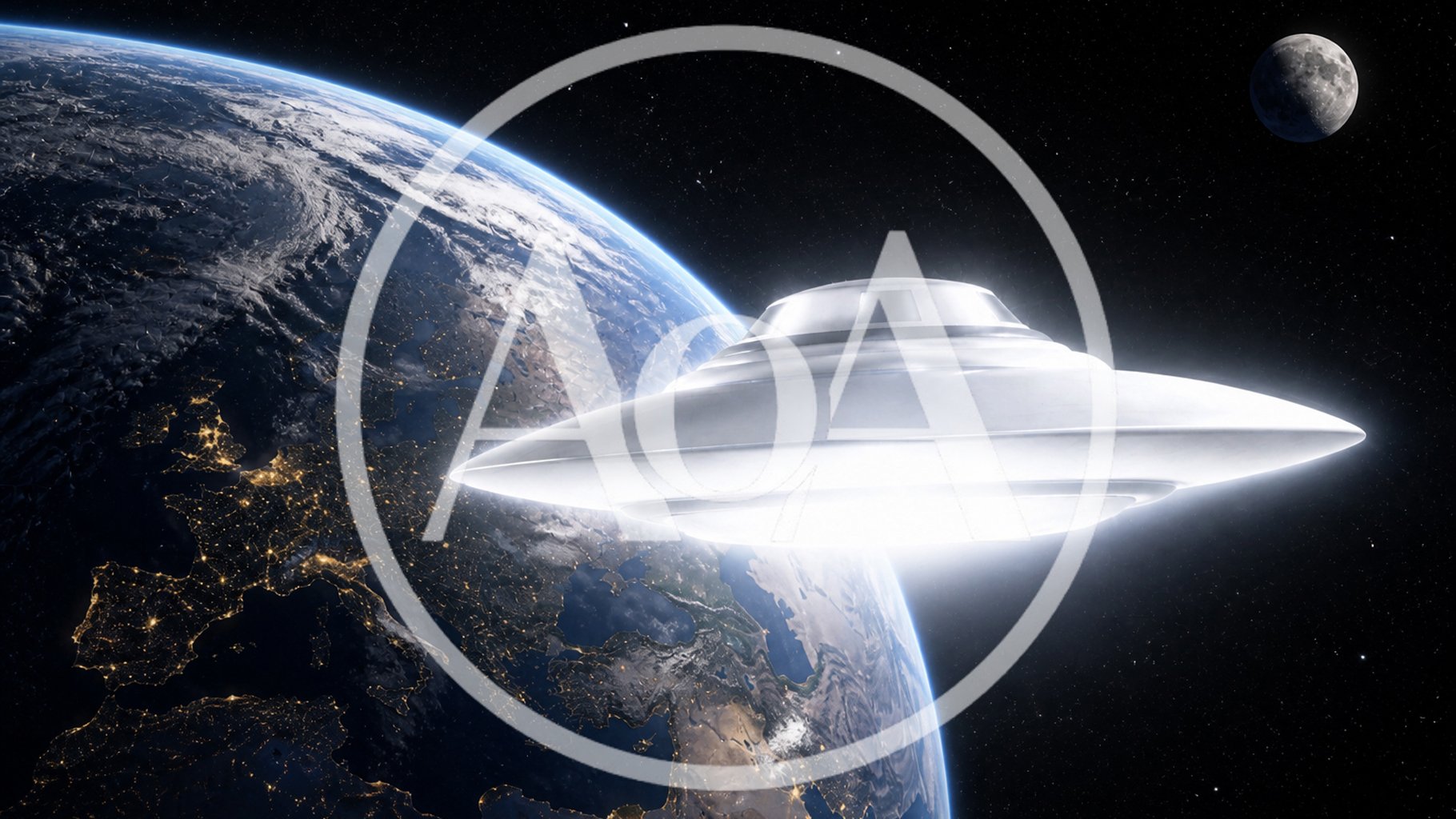 disc-shaped UFO alien spaceship flying in space near Earth on the background of Moon