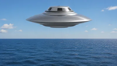 disc-shaped UFO alien spaceship flying over Pacific Ocean
