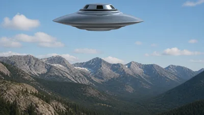 disc-shaped UFO alien spaceship flying over mountains