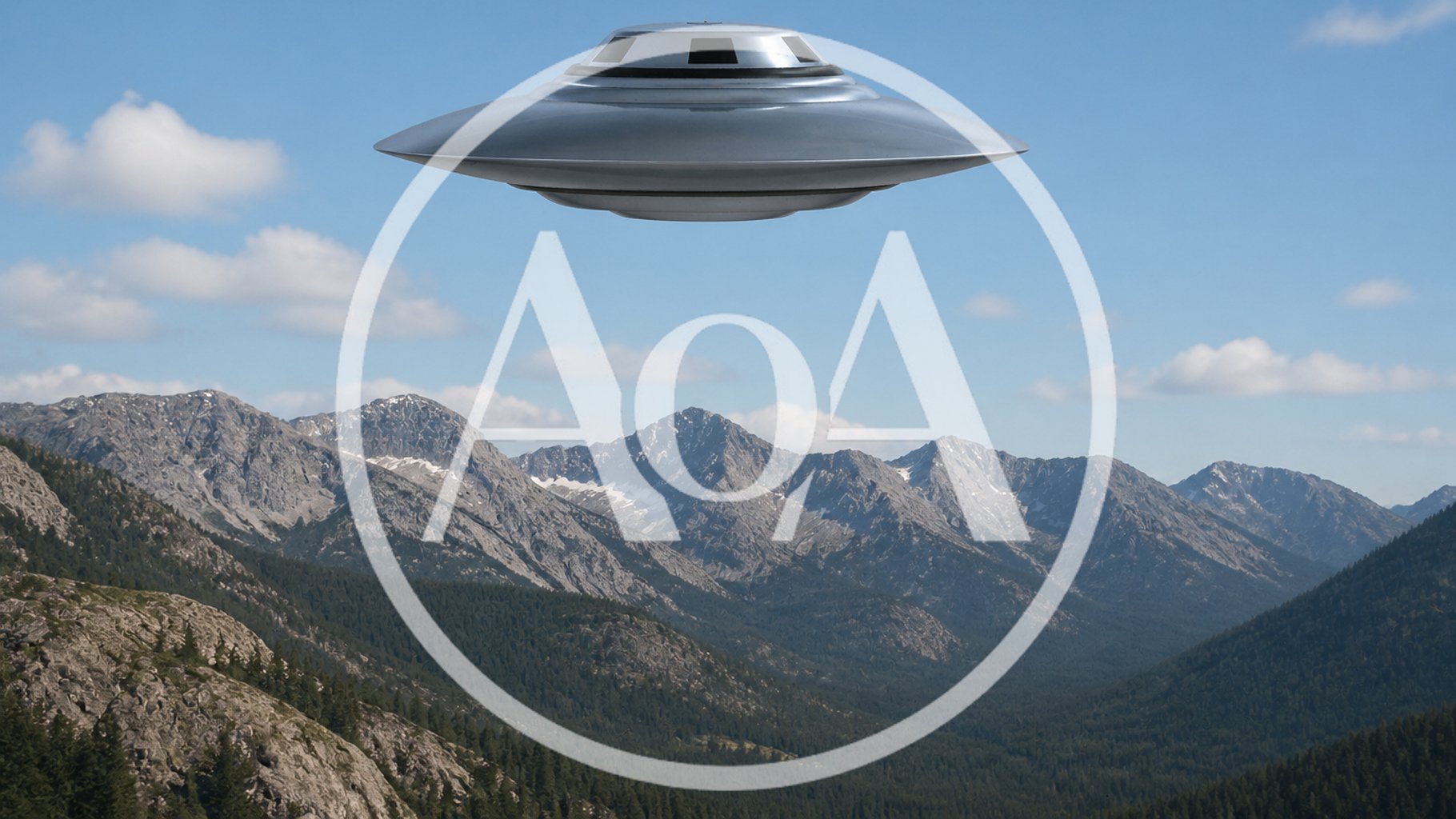 disc-shaped UFO alien spaceship flying over mountains