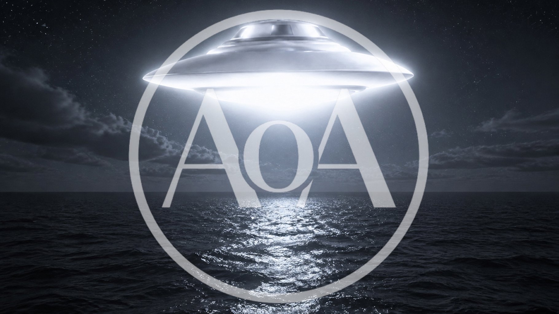disc-shaped UFO alien spaceship flying over Pacific Ocean at night