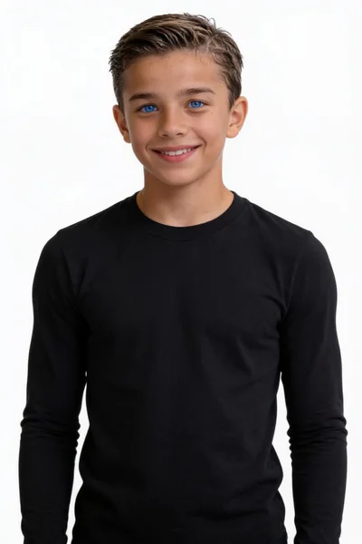 blue-eyed athletic boy smiling, looking at camera