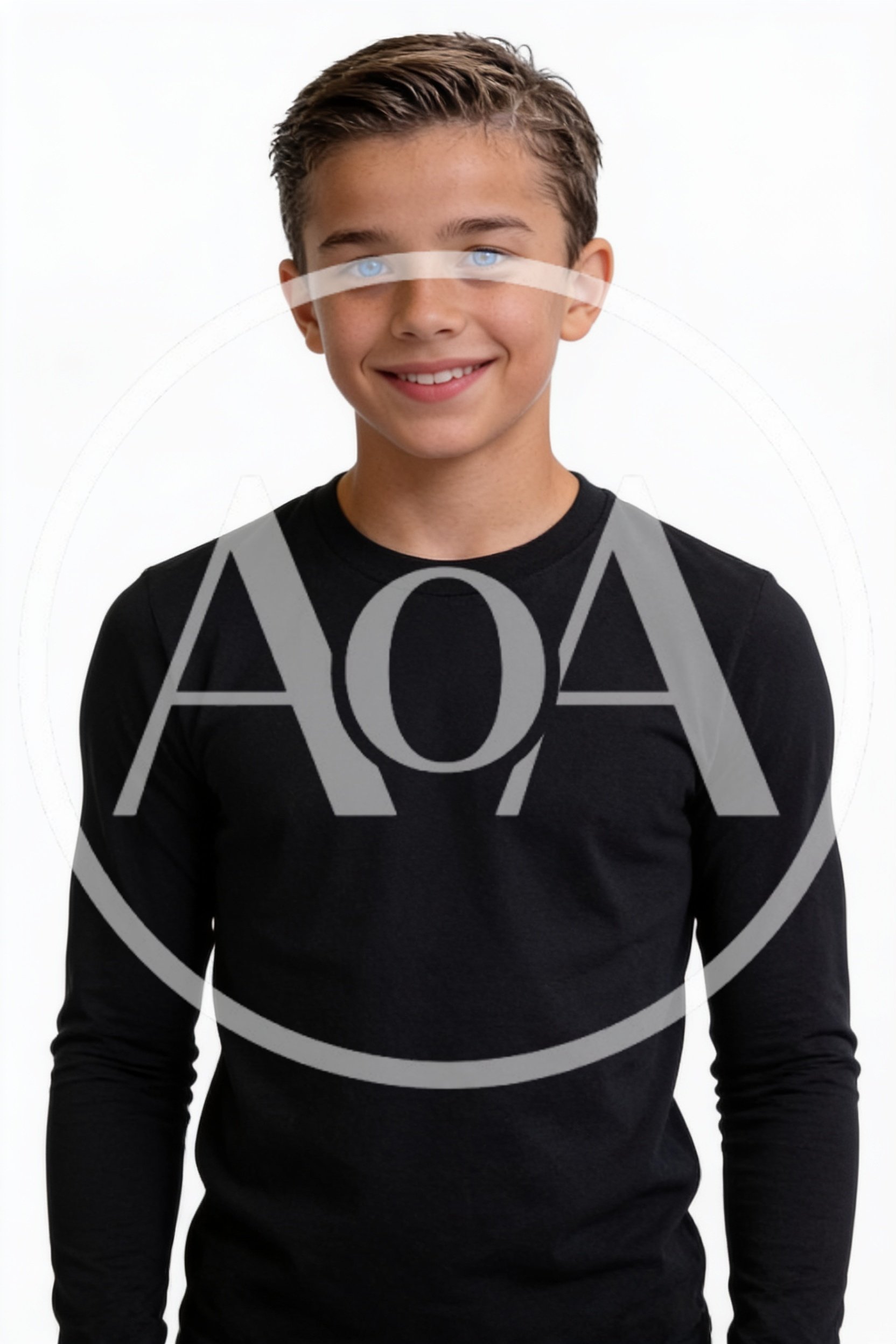 blue-eyed athletic boy smiling, looking at camera