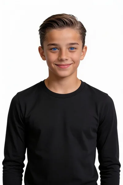blue-eyed athletic boy smiling, looking at camera
