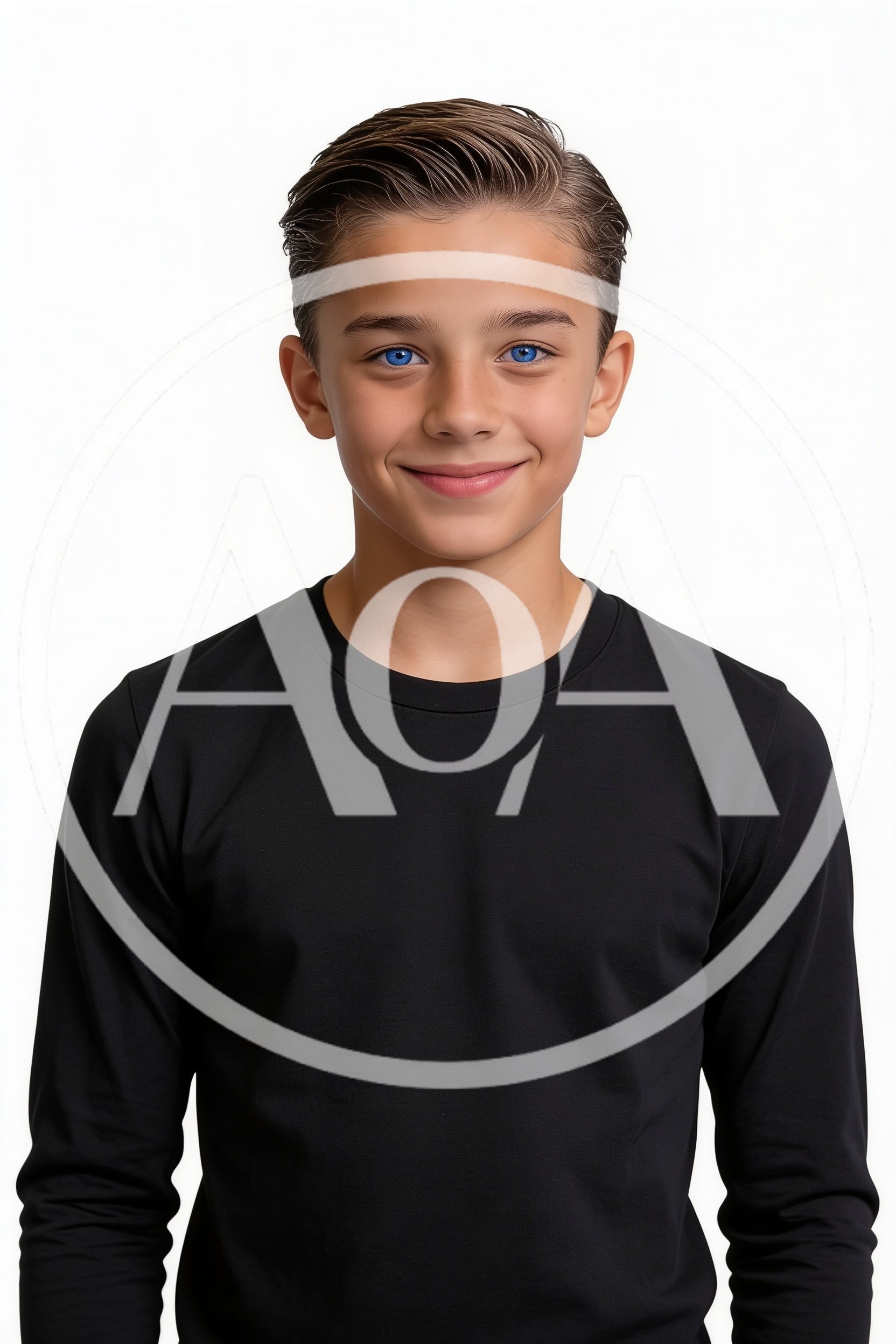 blue-eyed athletic boy smiling, looking at camera