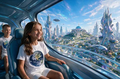 happy kids from Earth inside a hovercar, special visitors on an advanced alien planet