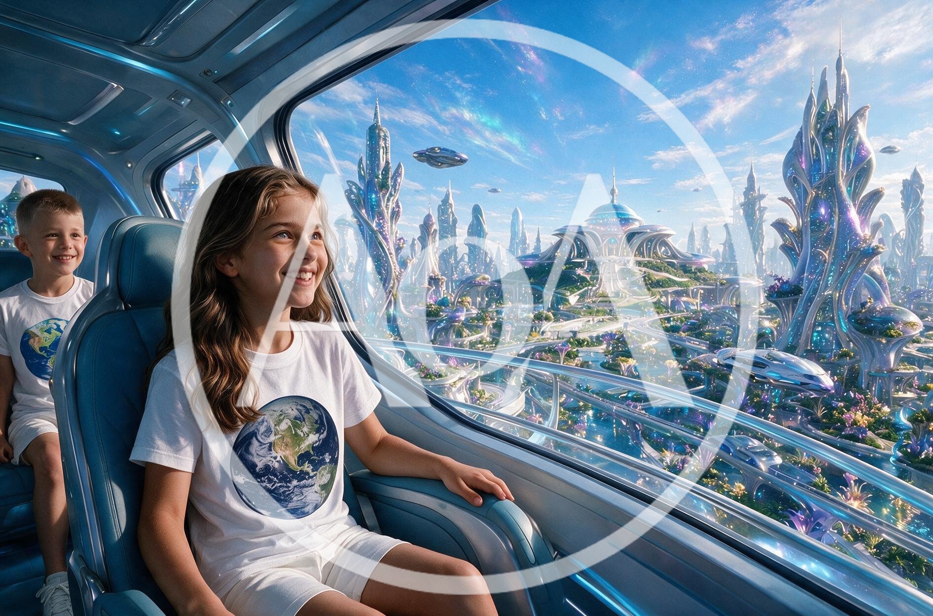 happy kids from Earth inside a hovercar, special visitors on an advanced alien planet