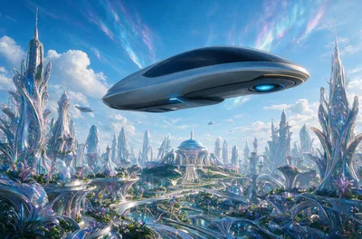 futuristic hovercar flying high on an advanced alien planet
