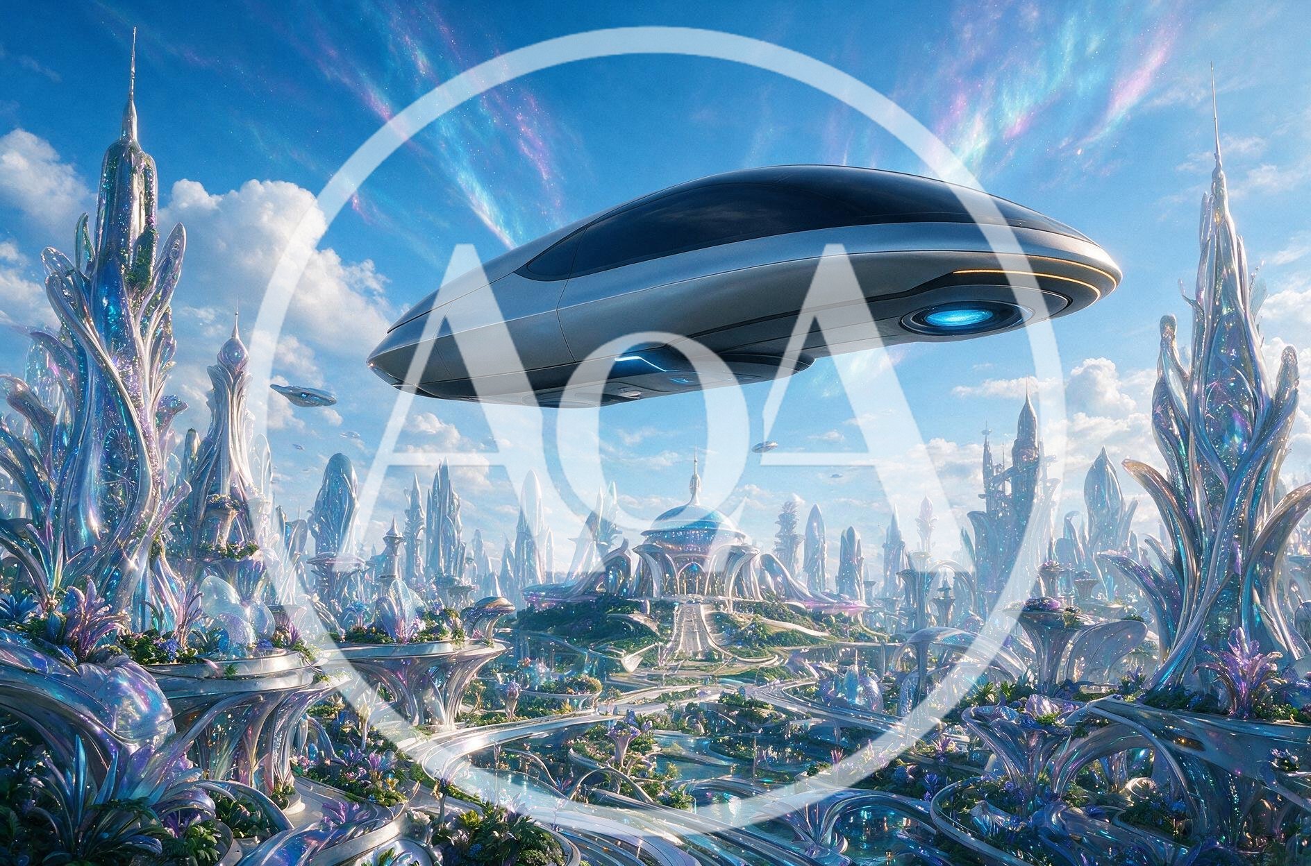 futuristic hovercar flying high on an advanced alien planet