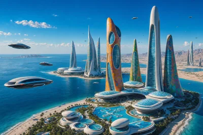 anti-gravity hovercars and futuristic hotels, sea resort on an advanced alien planet