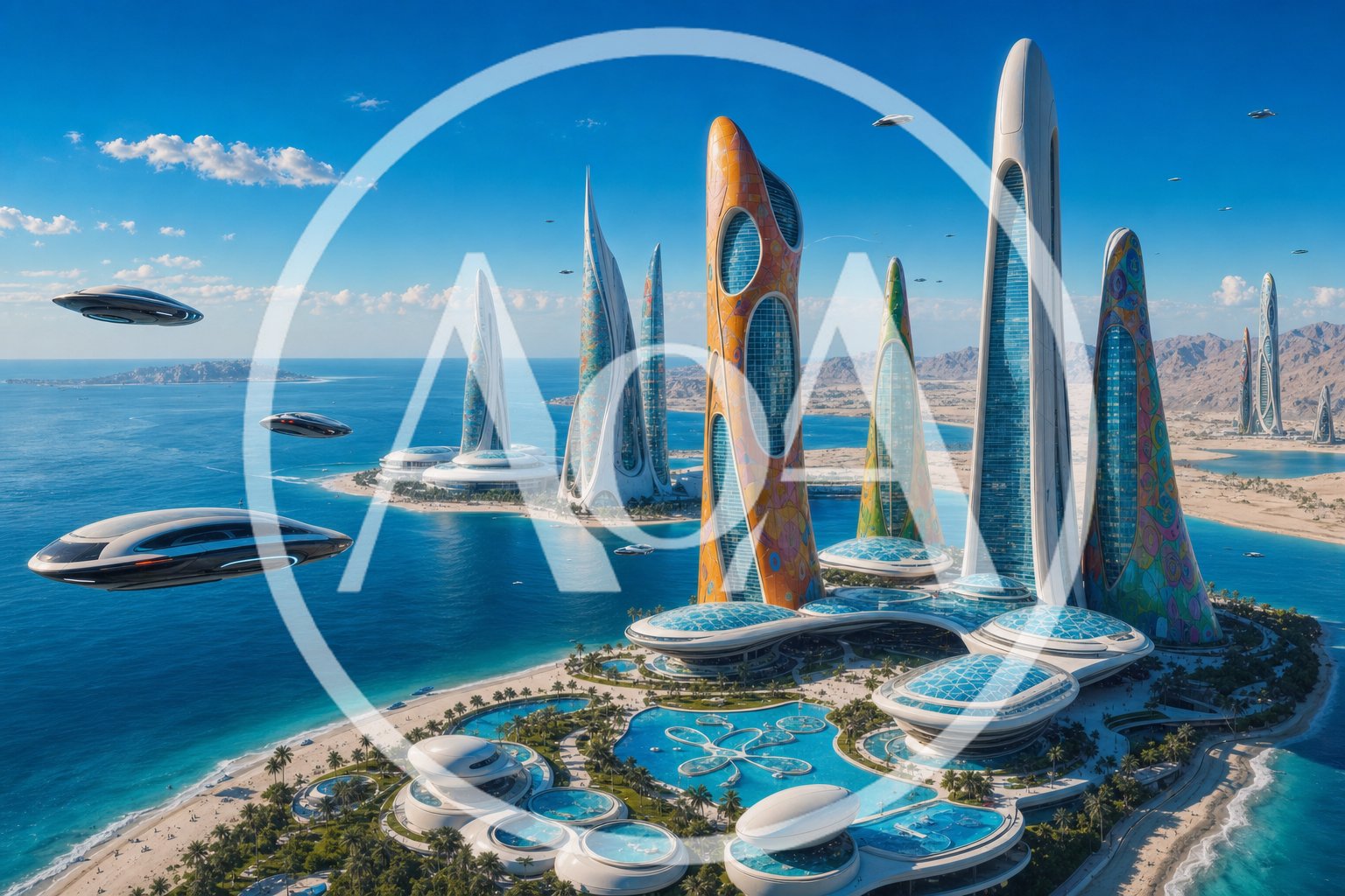 anti-gravity hovercars and futuristic hotels, sea resort on an advanced alien planet