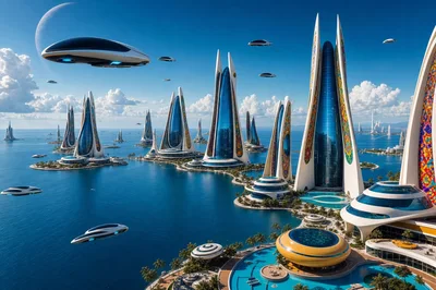 anti-gravity hovercars and futuristic hotels, sea resort on an advanced alien planet