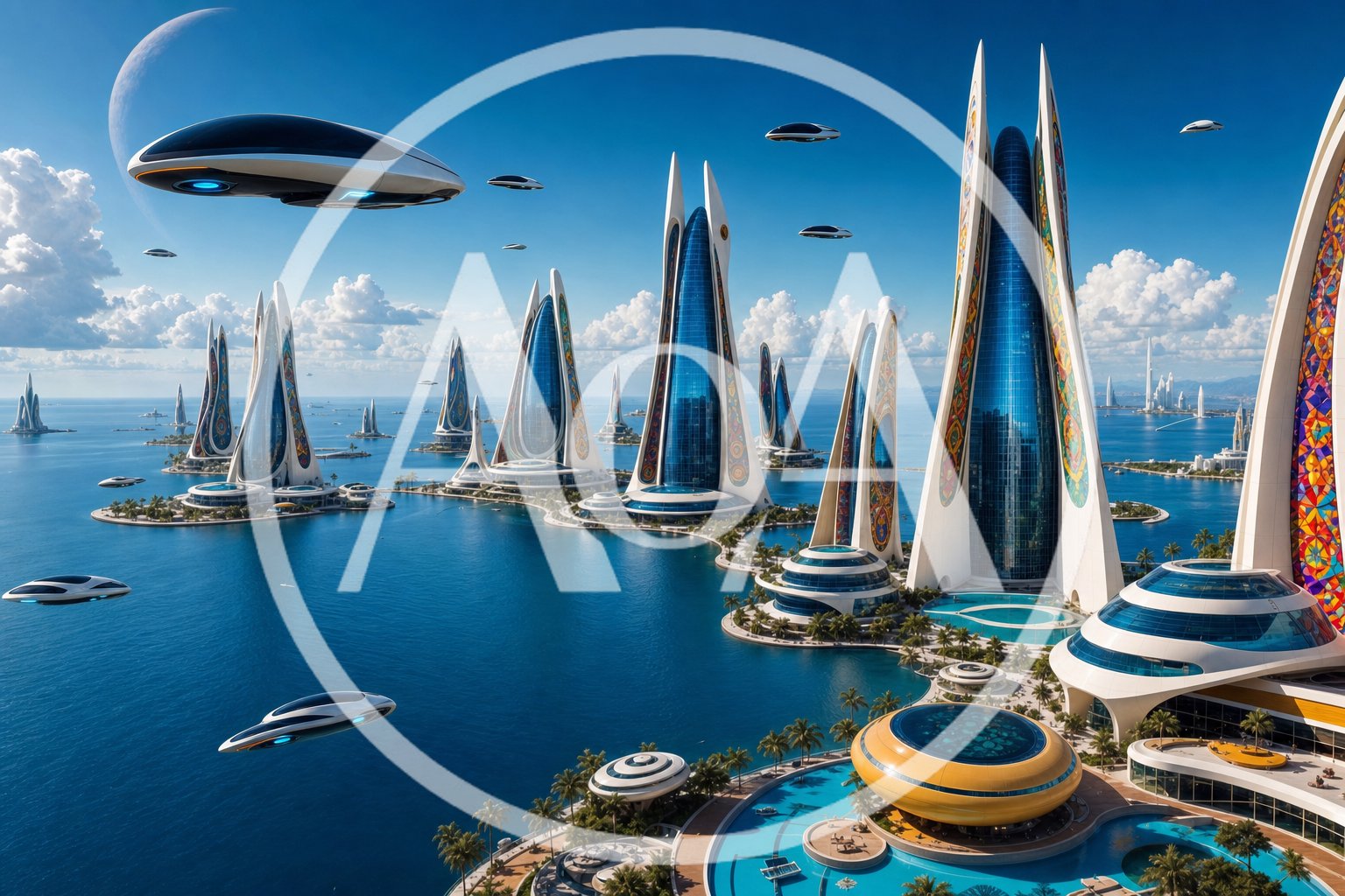 anti-gravity hovercars and futuristic hotels, sea resort on an advanced alien planet