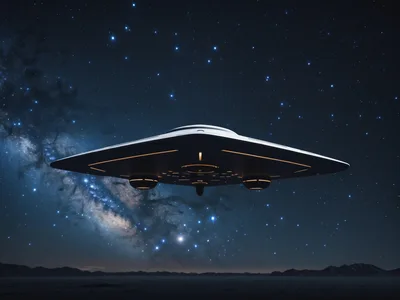 a triangular UFO alien spaceship hovering in the sky at night