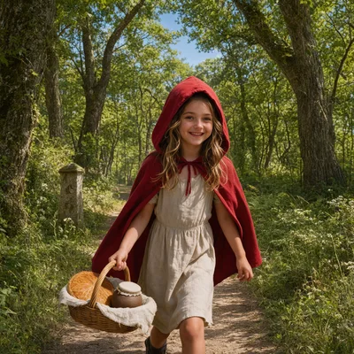 Little Red Riding Hood Walking Through A Sunny Forest