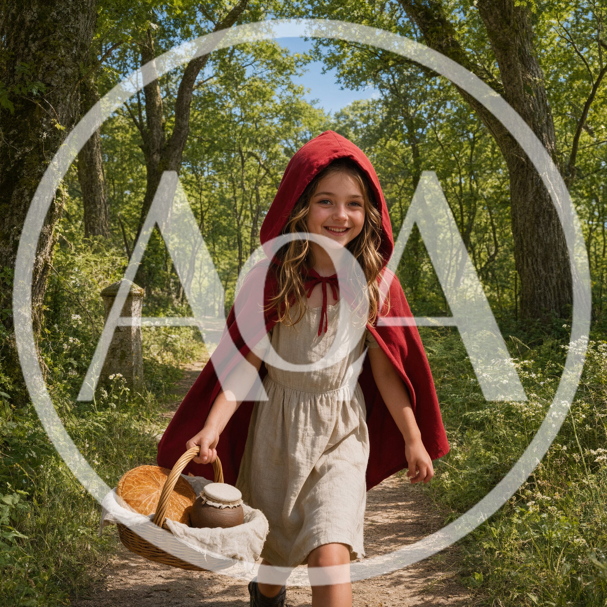 Little Red Riding Hood Walking Through A Sunny Forest
