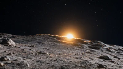 sunset on an asteroid, space scene