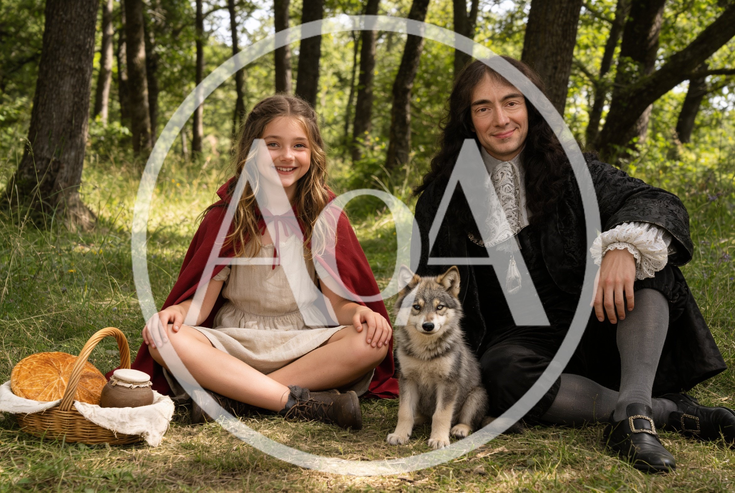 Little Red Riding Hood with Charles Perrault and cute wolf cub, in the forest, medieval France