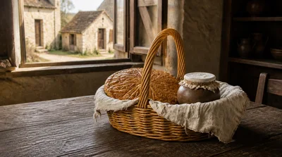 galette and a pot of butter, Little Red Riding Hood's basket on a table in the room, medieval French house, 17th century