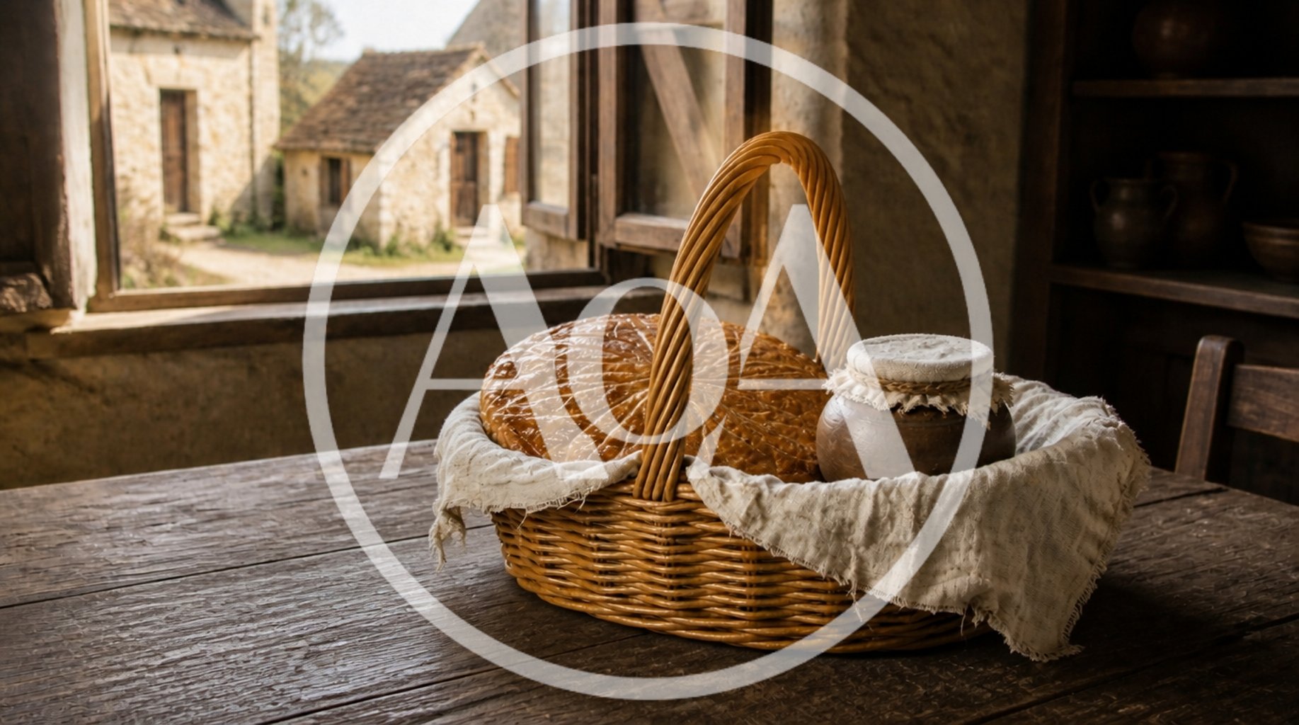 galette and a pot of butter, Little Red Riding Hood's basket on a table in the room, medieval French house, 17th century