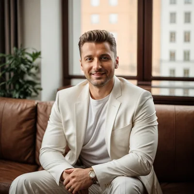 Professional Man In White Suit Sitting On Leather Sofa