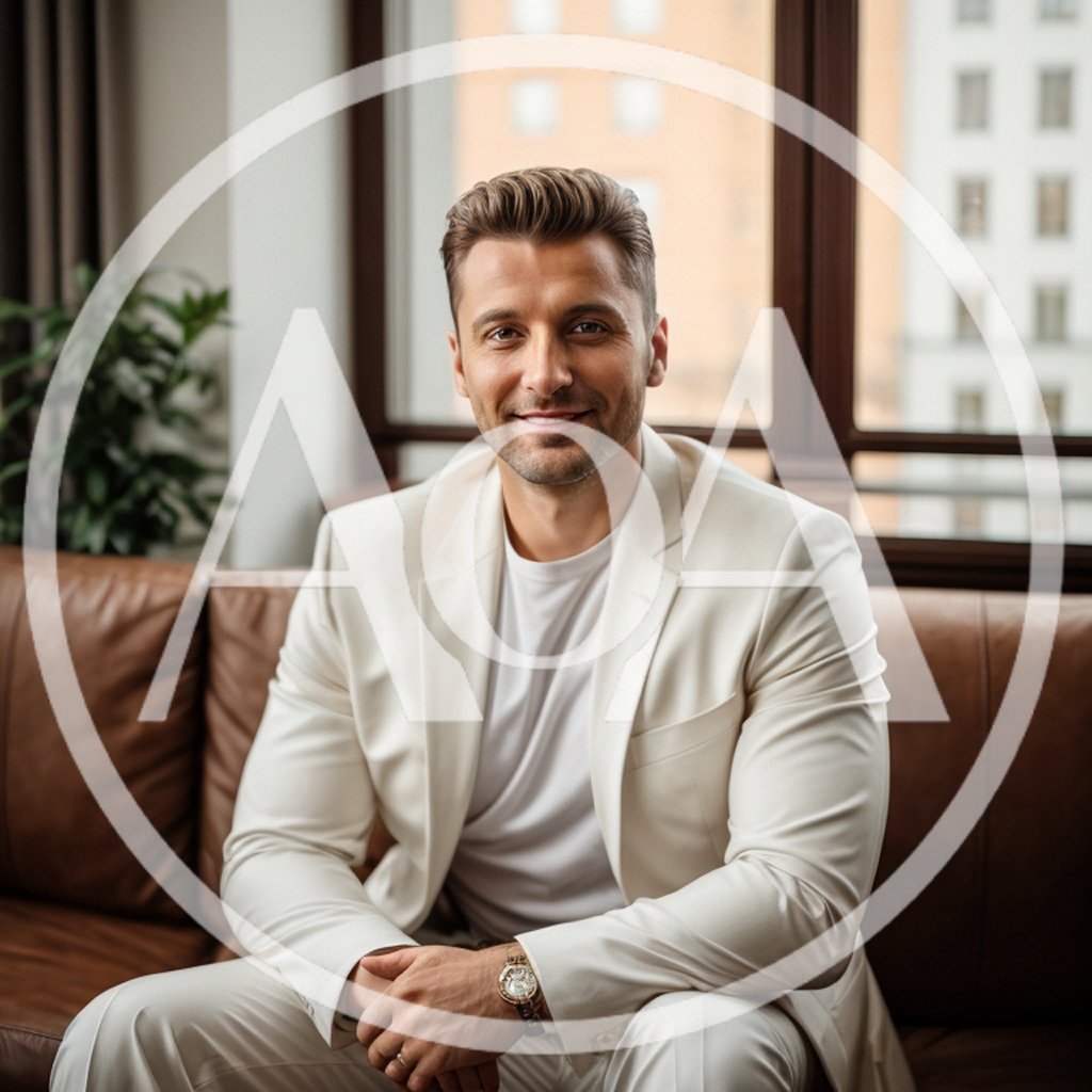 Professional Man In White Suit Sitting On Leather Sofa