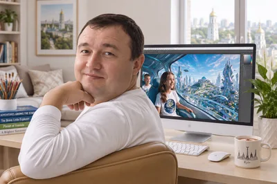 Digital Artist Working On Futuristic Illustration At Home