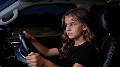 A girl, runaway agent, driving at night