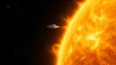 Alien UFO disc-shaped spaceship flying close to the Sun