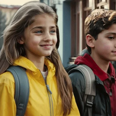 girl and boy, two friends walking together from school