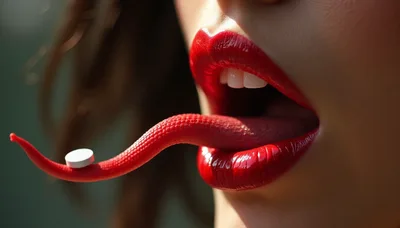 Woman With Snake Like Tongue Holding A Pill