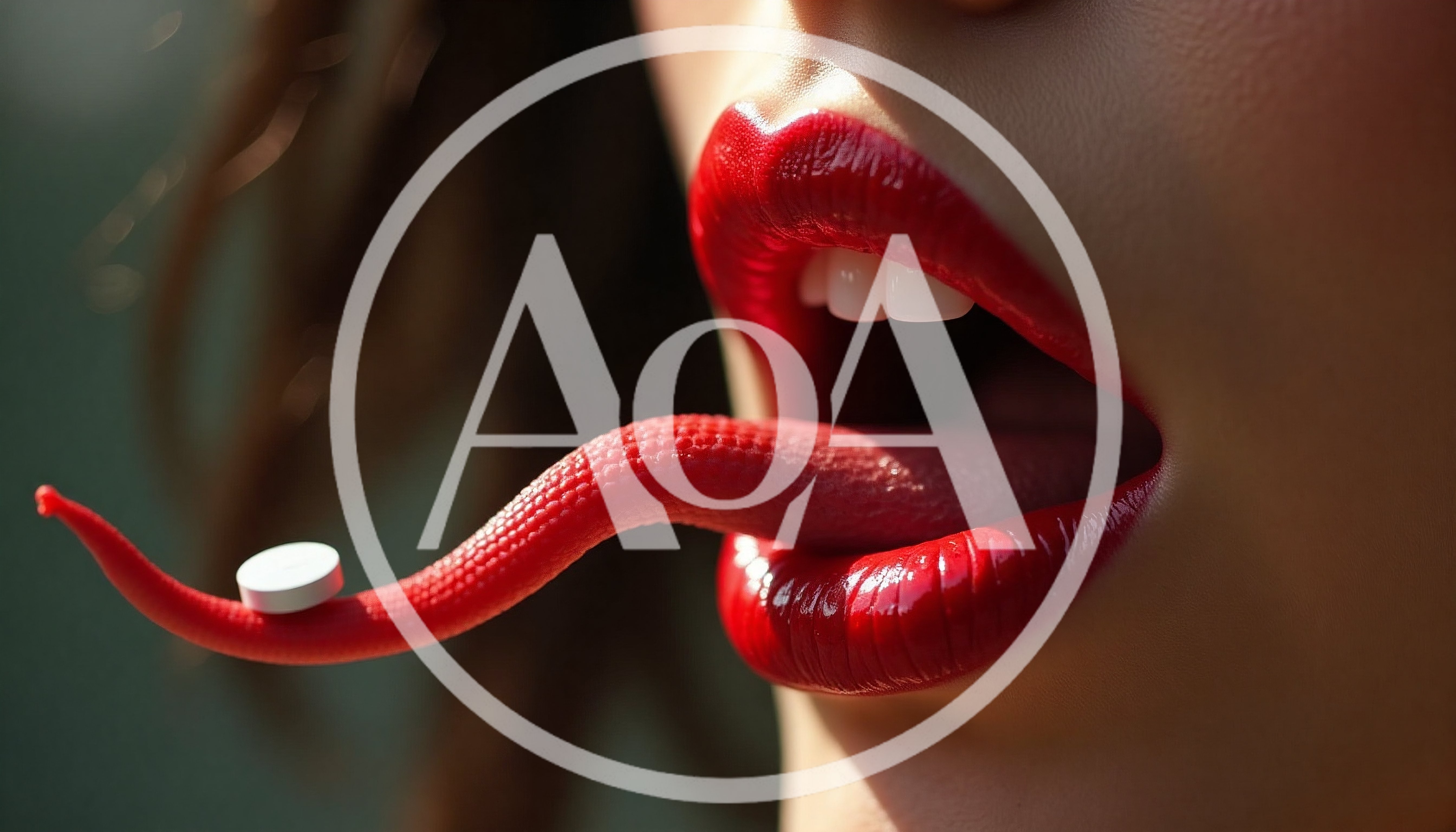 Woman With Snake Like Tongue Holding A Pill